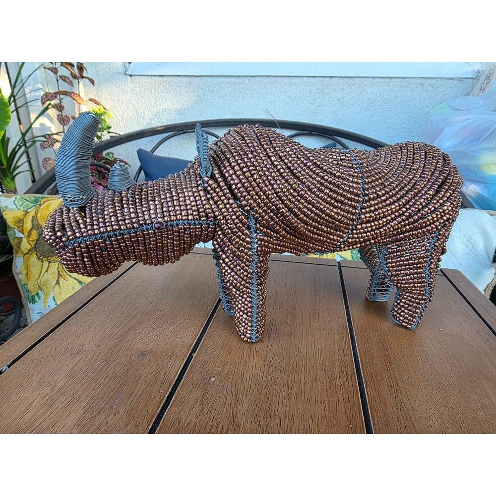 Handcrafted Beaded Wire Rhinoceros Bronze Color 11-Inch Decorative Art Piece